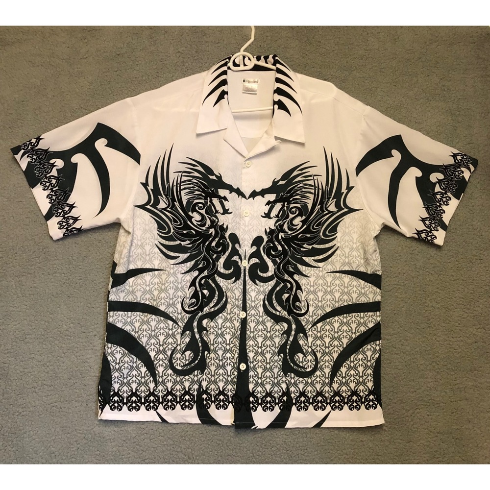 No Boundaries Mens Large White Black Dragon Tribal Print Y2K Button Up Shirt